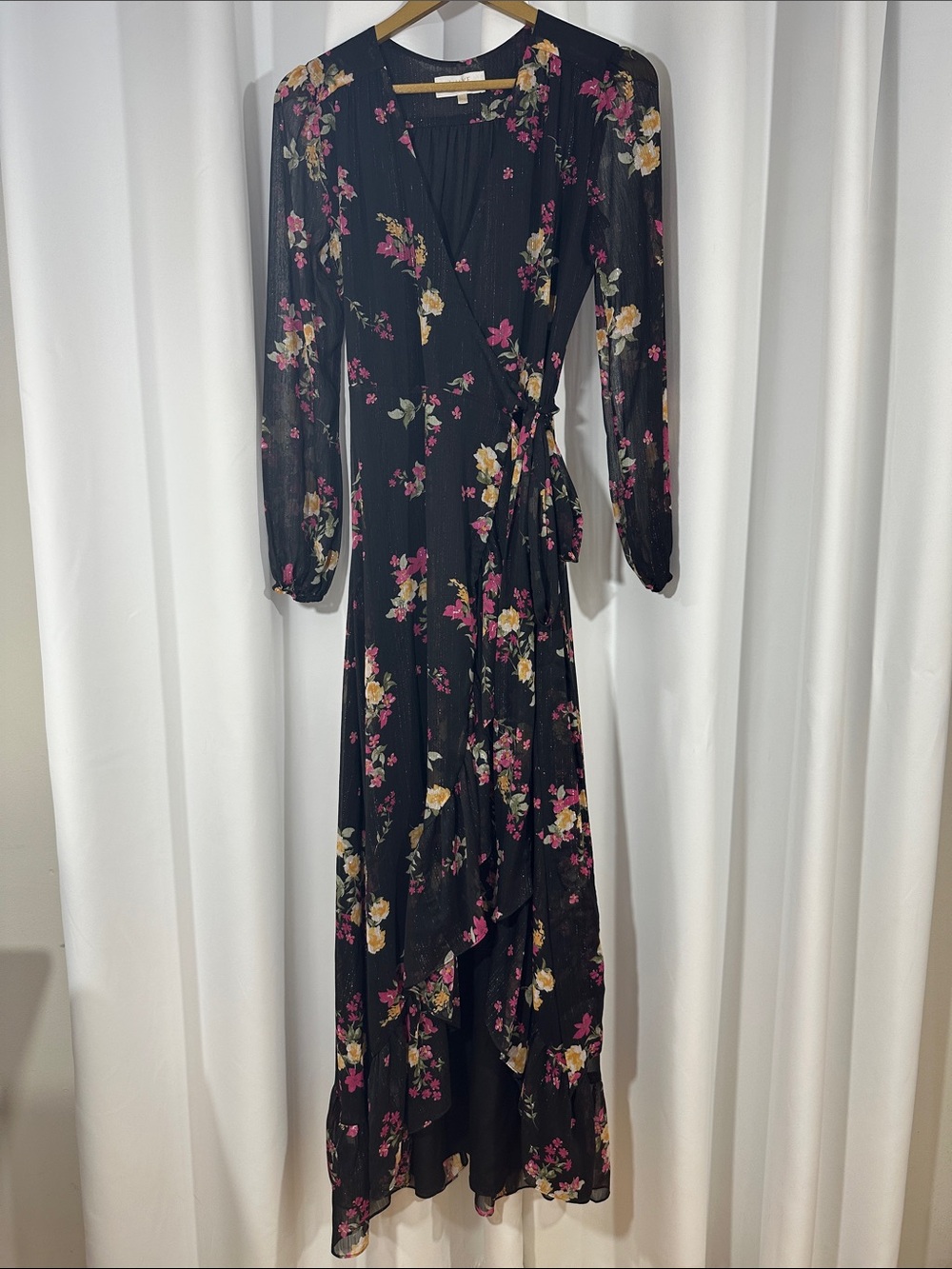 WAYF Floral Metallic Wrap Maxi Dress XS Long Sleeve Ruffle Hem